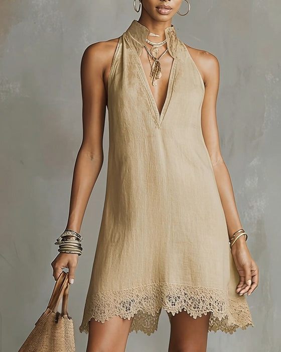 Robe Col V Dentelle Garniture Courte