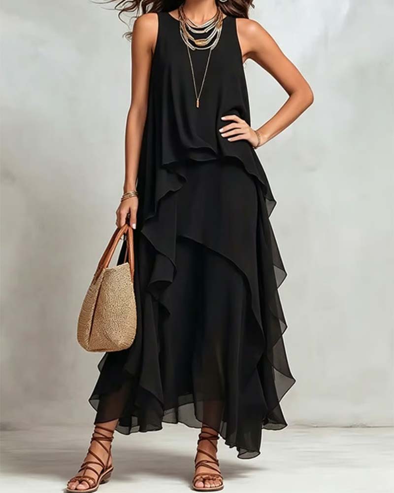 Robe Col Rond Sans Manches Irrégulière