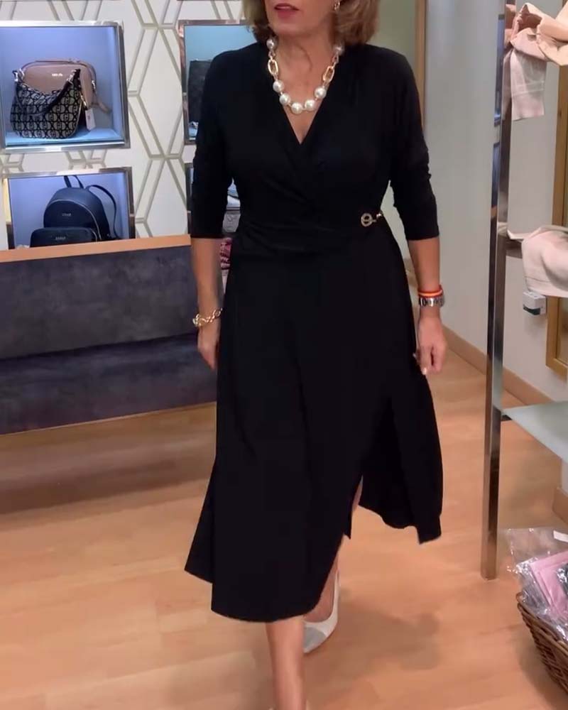 Col V Cintré Fente à la Taille Robe