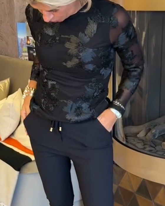 Haut Élégant À Col Rond Et Manches Longues