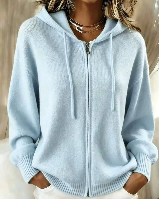 Cardigan Capuche Épaule Tombante Fermeture Éclair Tricoté