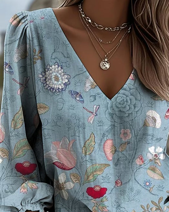 Blouse À Motif Floral Et Insectes Manches Bouffantes