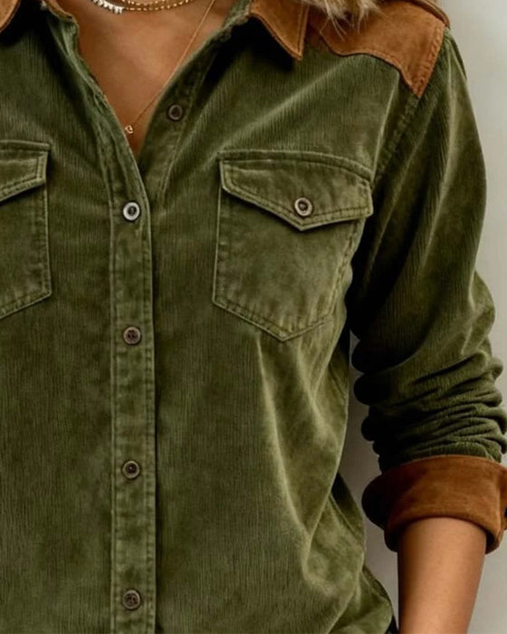 Chemise Élégante Velours Côtelé Bloc De Couleur
