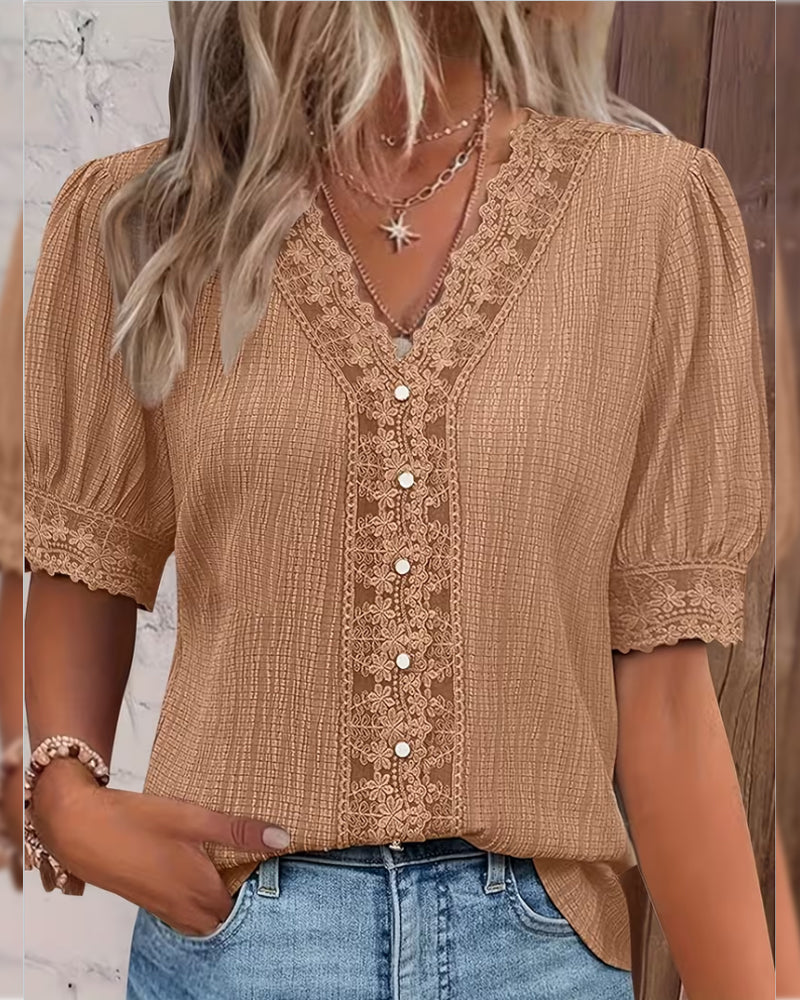 Chemisier Dentelle Patchwork Col V Manche Bouffante