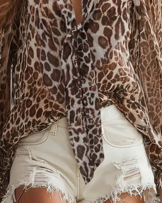 Chemise Col‑v Léopard Transparent Manches‑longues