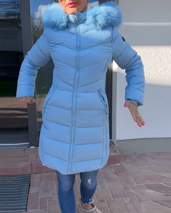 Veste matelassée décontractée à capuche avec poche zippée et couleur unie