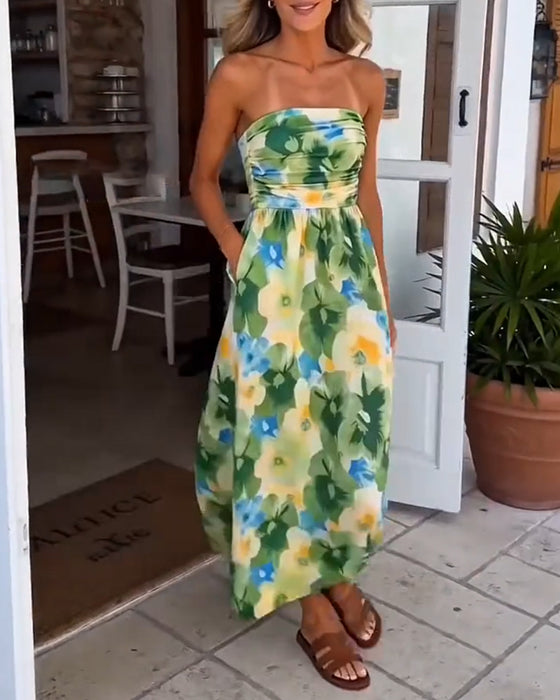Robe Florale Sans Bretelles Taille A-Ligne