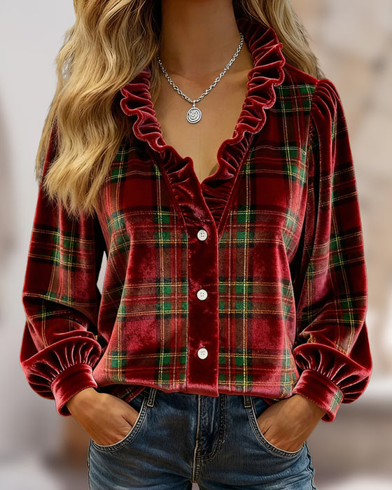 Top Avec Détails En Volants, Design à Col V Et Tissu En Velours