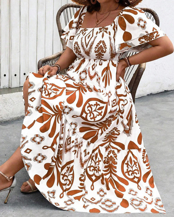 Robe Bleu Porcelaine Col Carré Imprimé Maxi