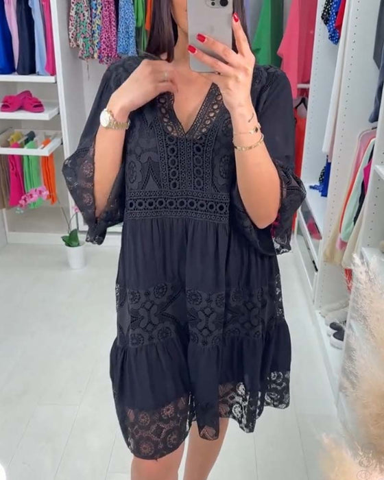 Robe élégante à col en V en dentelle de couleur unie