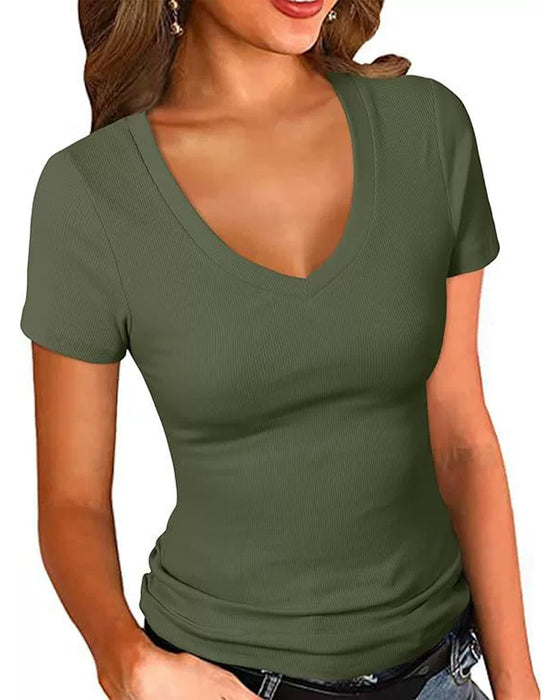 T-Shirt Côtes Slim Fit Col En V Manches Courtes