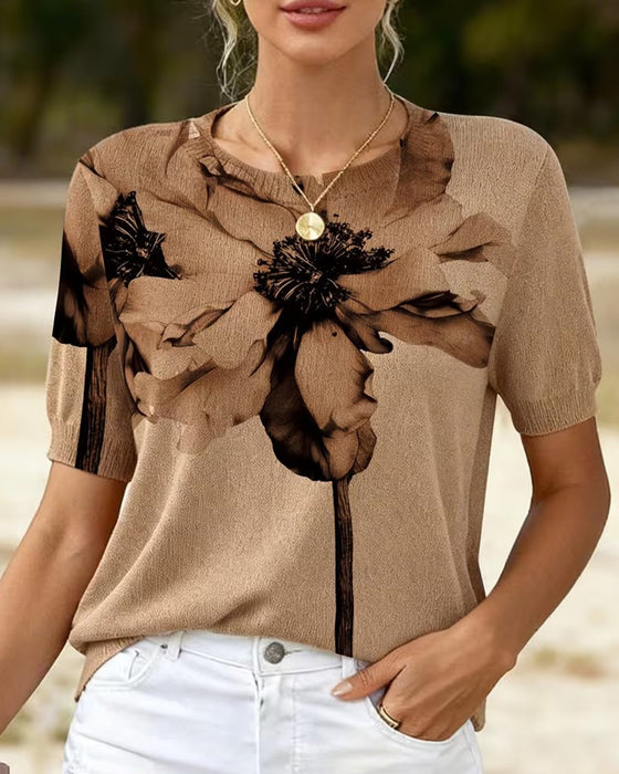 Pull-Over Motif Fleuri Tissé Manches Courtes