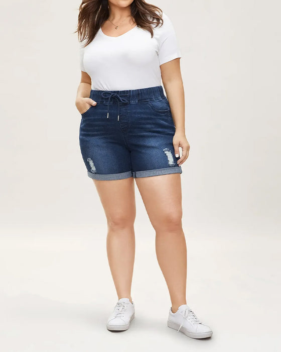 Short Taille Élastique Jean Déchiré