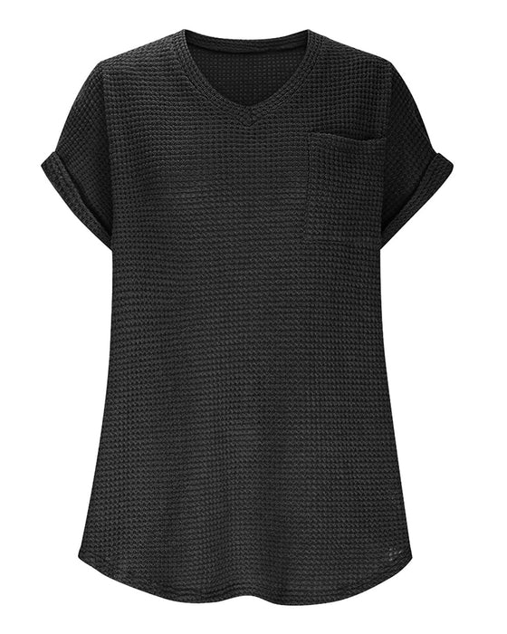 T-Shirt Femme Maille Gaufrée Col V Décontracté Été
