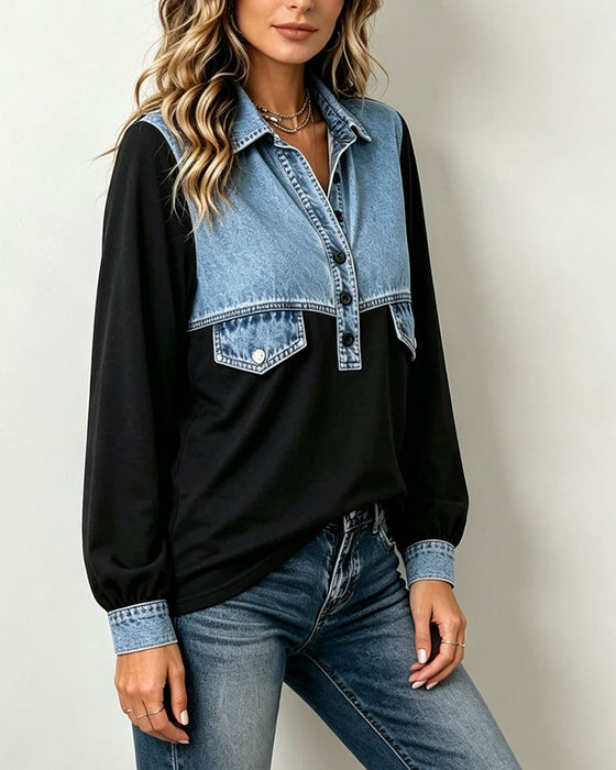 Sweatshirt Col Chemise Poche Patchwork