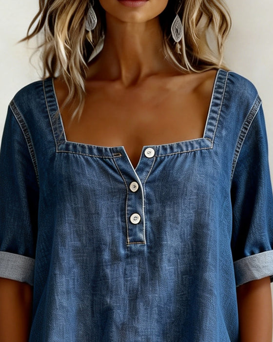 Chemise Col Carré Denim Demi-Manche