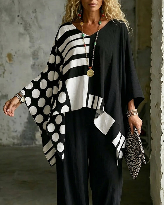 Blouse Polka Dot Rayure Patchwork V Encollure