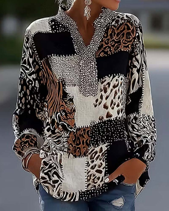 Blouse Col Mandarine Léopard Patchwork