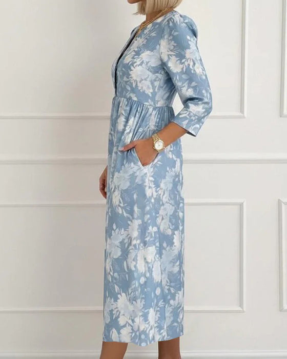 Robe Col V Bouton Florale Froncée