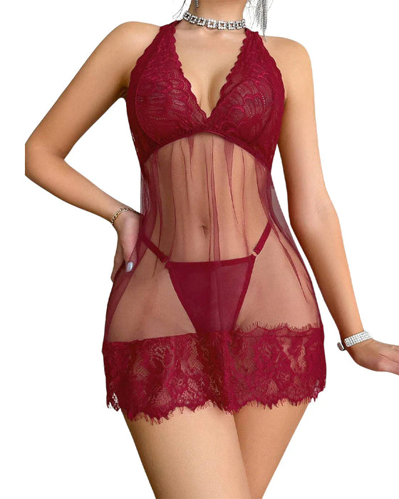 Dentelle Florale Halterneck Nuisette Lingerie Avec String