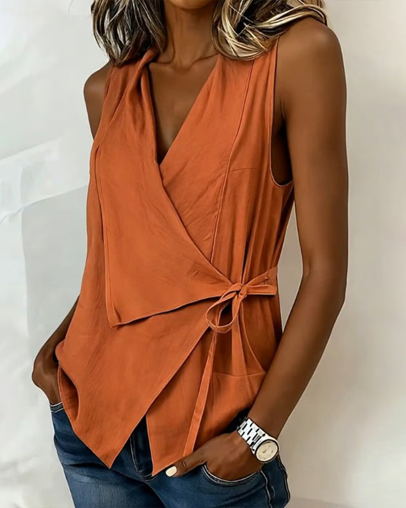 Débardeur Croisé Attache Coton-Lin Uni