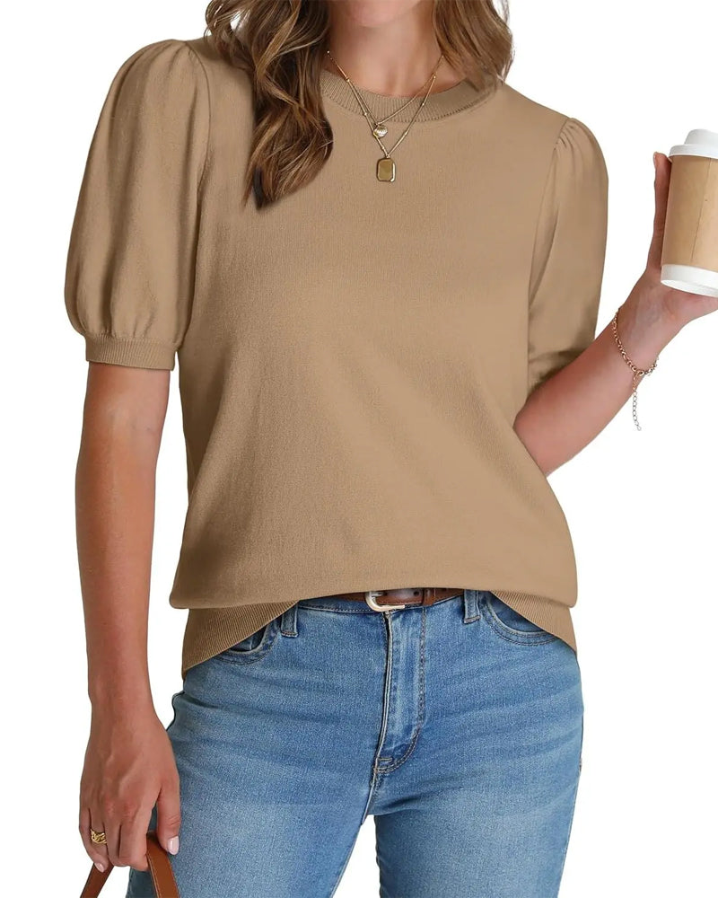 Pull-Over Manche Bouffante Tricoté Manches Courtes