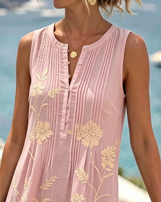 Robe Col Rond Sans Manches Bouton Plissé Imprimé
