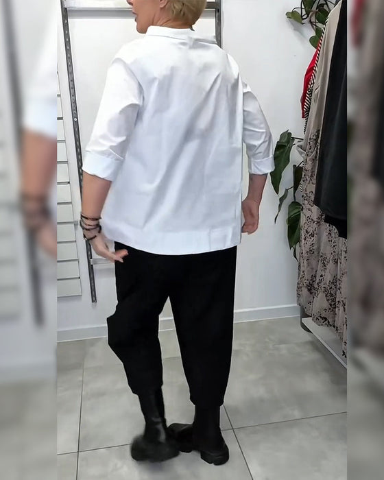 100% Coton Blouse Col Large Couleur Unie Décontracté