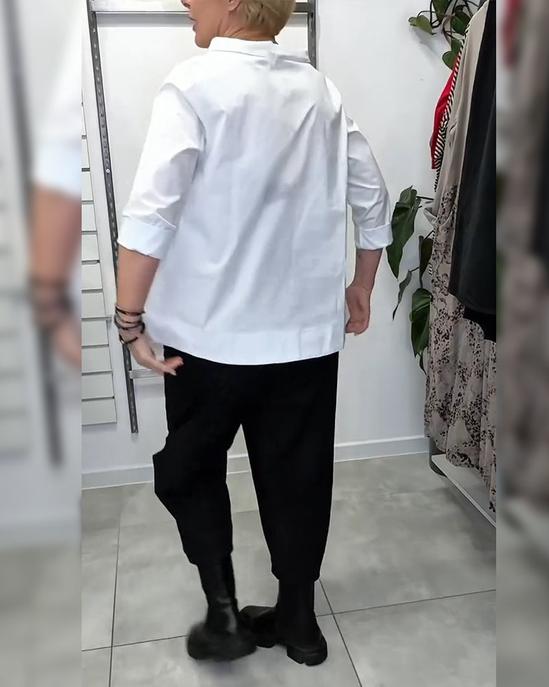 100% Coton Blouse Col Large Couleur Unie Décontracté