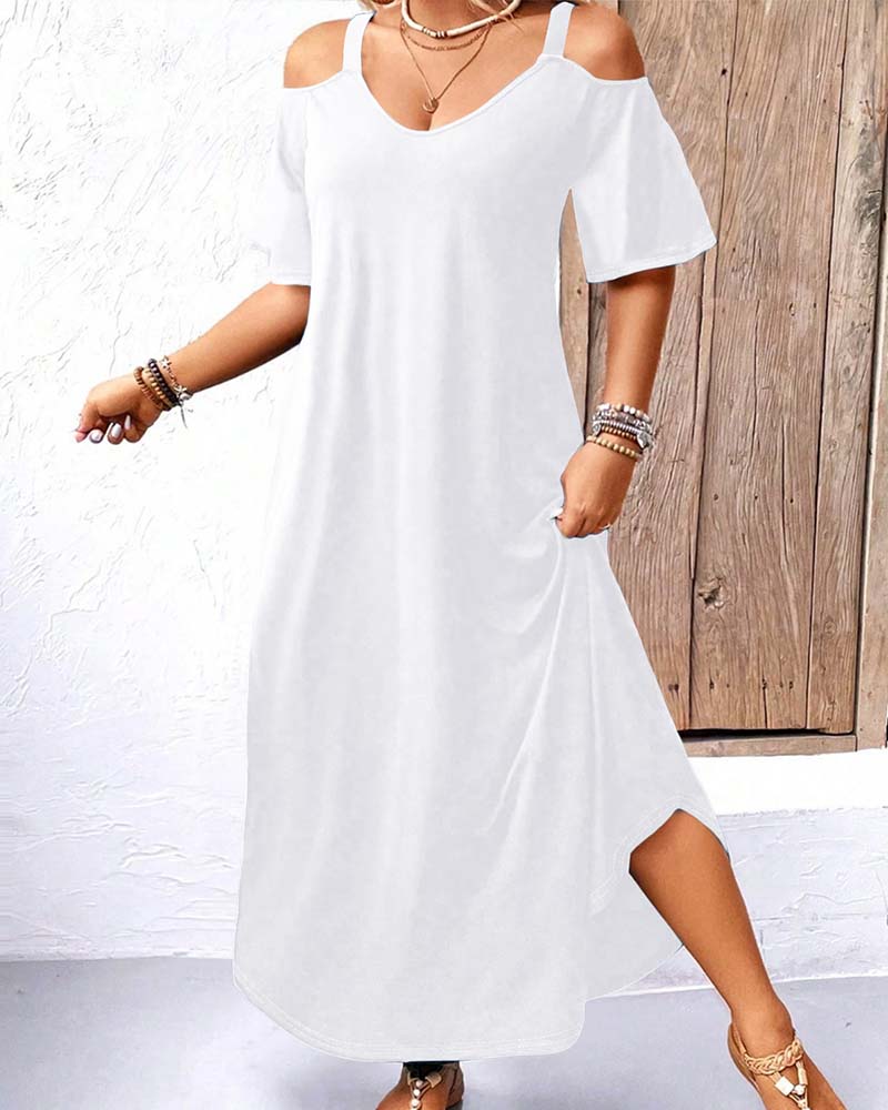 Robe Unie Col En V Épaules Dégagées Longue