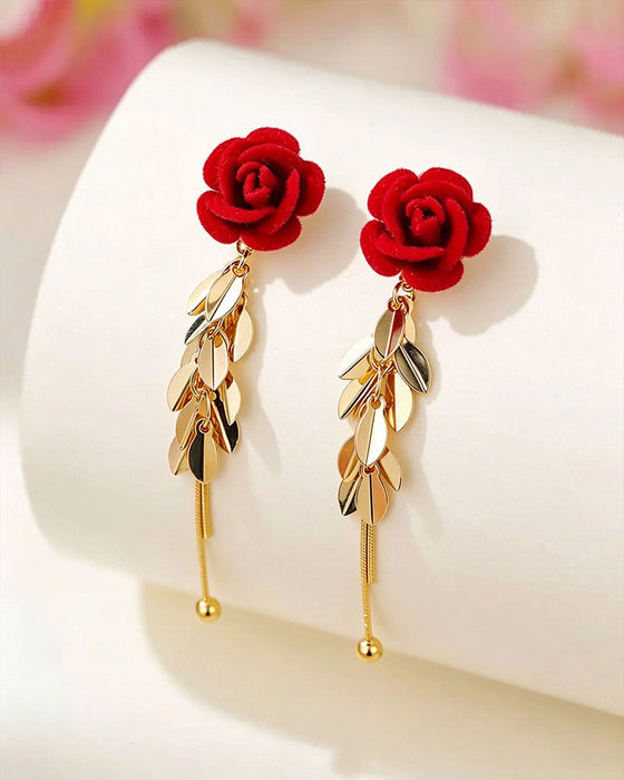 Boucles D'oreilles Rose Veloutée Cœur Long Pendentif