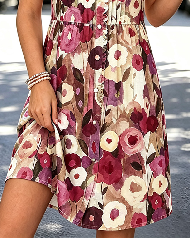 Robe Col V Bouton Manche Bouffante