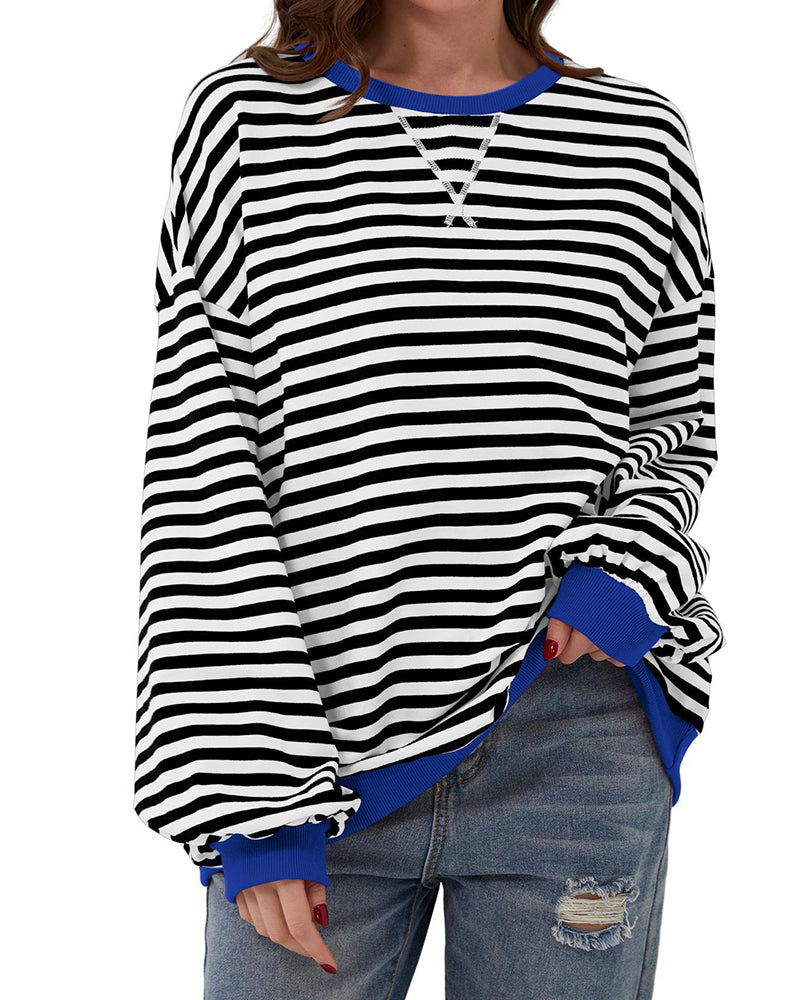 T-Shirt Rayé Col Rond Bloc De Couleur