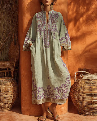 Robe Col En V Imprimé Ethnique Coupe Loose