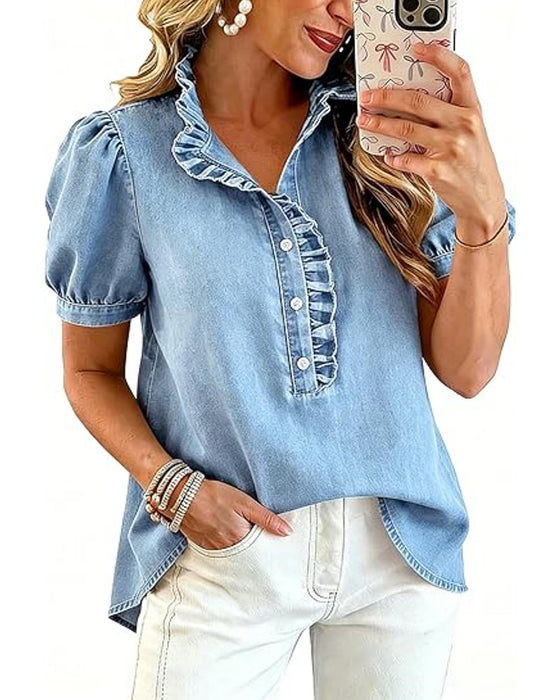 Blouse Boutonner Volant Denim
