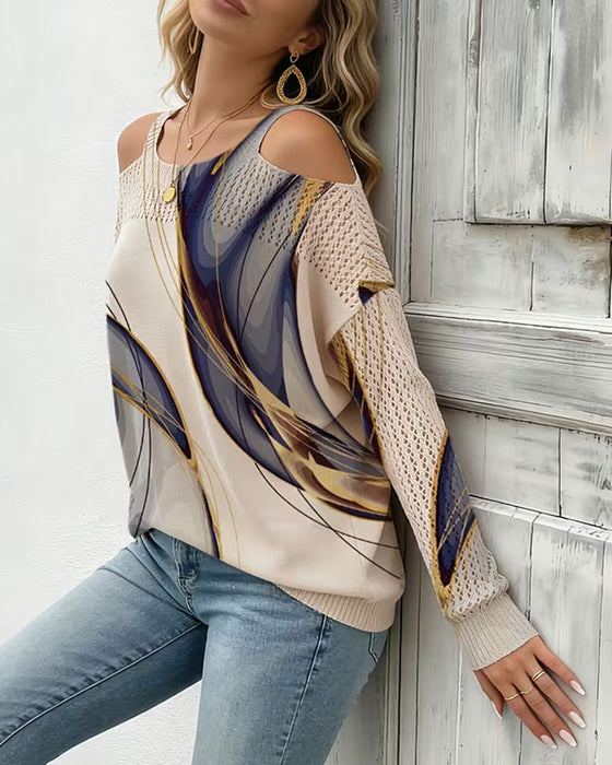 Pullover Élégant Imprimé Évidé Hors Épaule