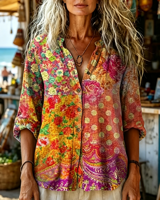 Chemise Vintage Fleurie Imprimé Pois Manches Longues