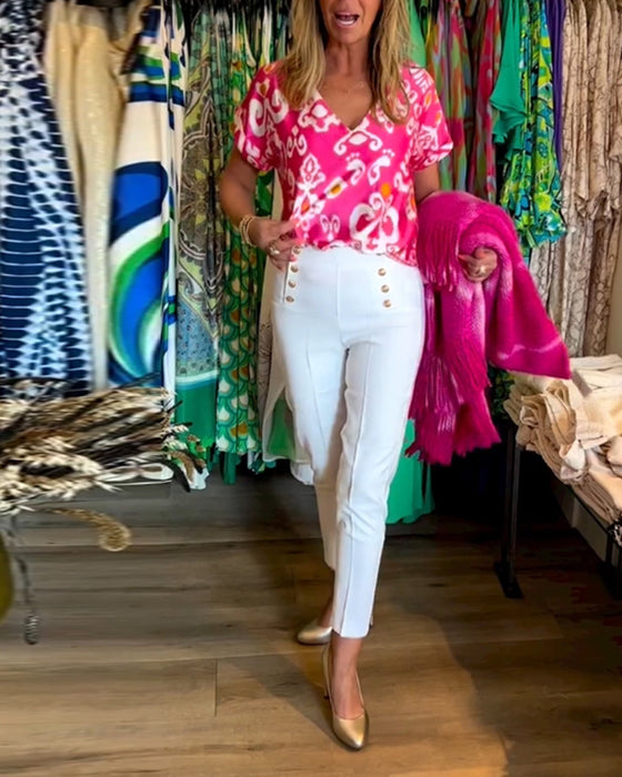 Haut imprimé à col V et manches courtes