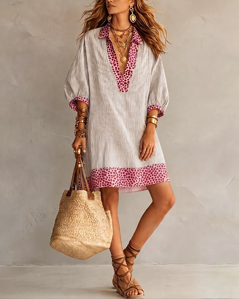 Robe Panneau Imprimé Léopard Manche Bouffante Chemise Rayée