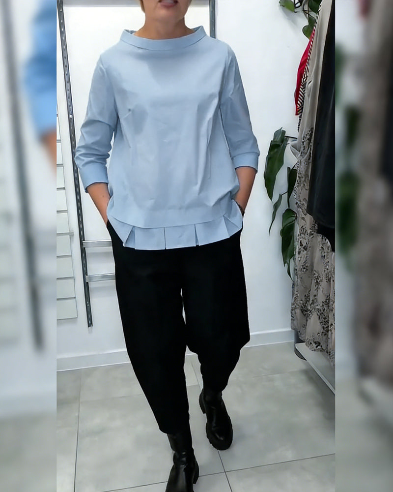 100% Coton Blouse Col Large Couleur Unie Décontracté