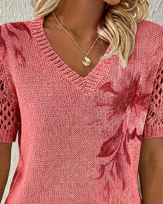 Pull-Over Col En V Tricoté Fleuri