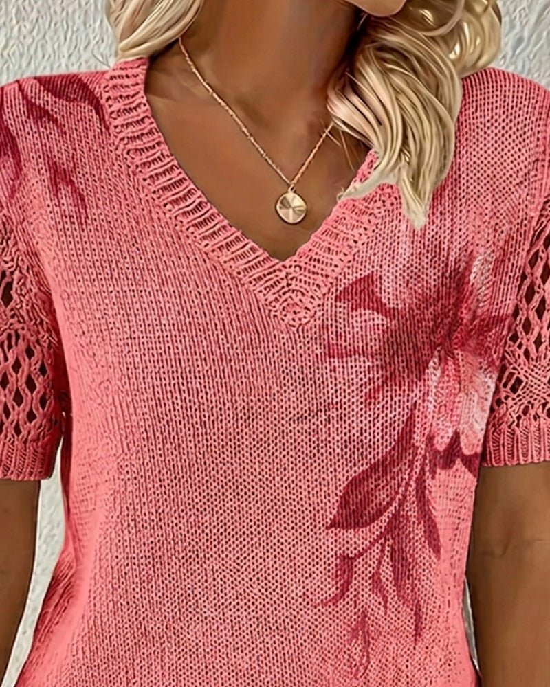 Pull-Over Col En V Tricoté Fleuri