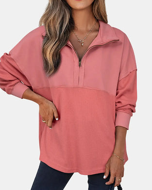 Sweatshirt Demi Fermeture Éclair Gaufré Patchwork