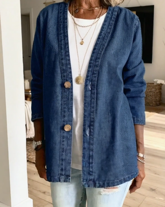 Manteau Denim Col En V Cardigan