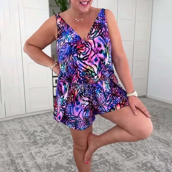 Maillot de Bain V-Col Imprimé Coloré Une Pièce