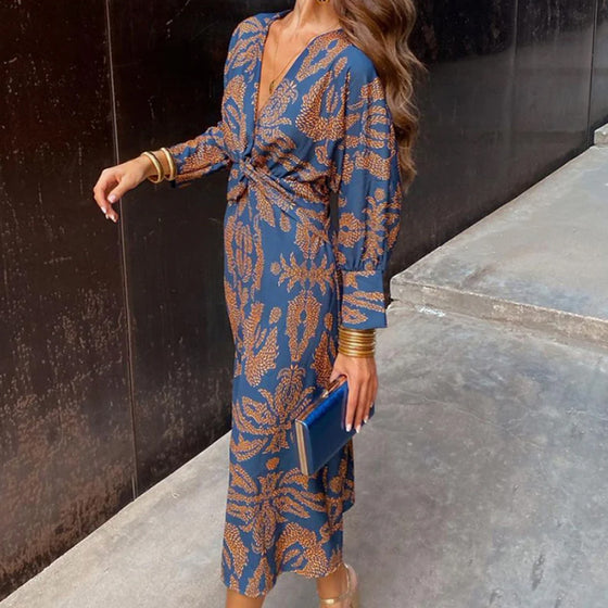 Robe élégante à manches longues et col en V imprimé vintage