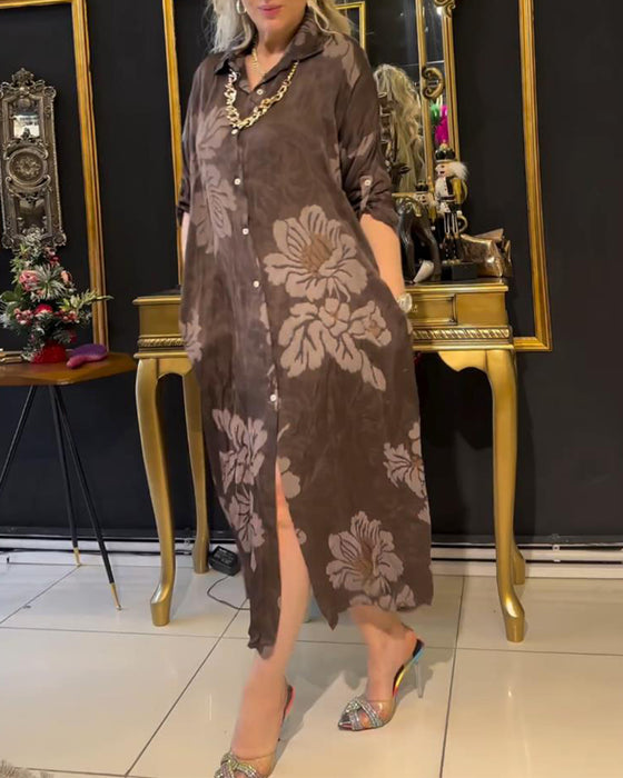 Robe boutonnée à revers imprimé vintage