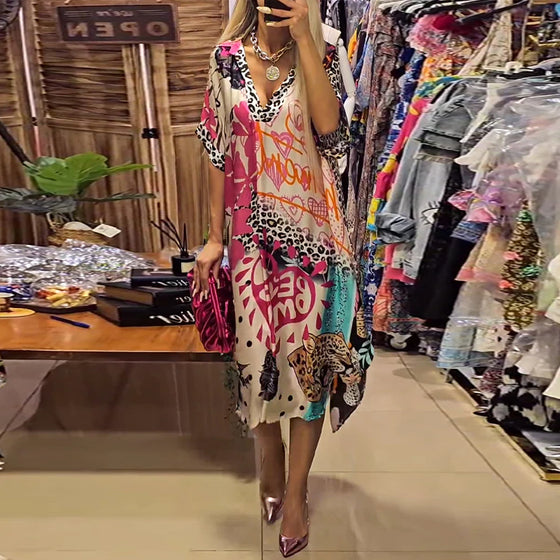 Robe décontractée en V profond à imprimé léopard et coloré