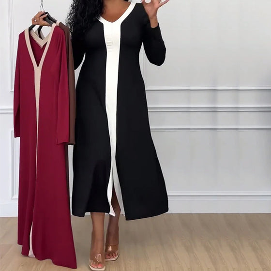 Robe élégante fendue à col en V de couleur contrastée