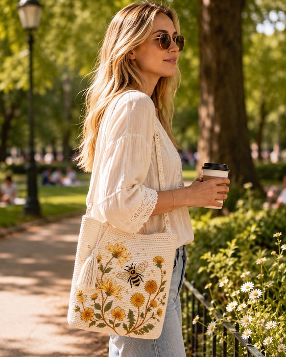 Sac Fait Main Crochet Abeille Brodé Tote